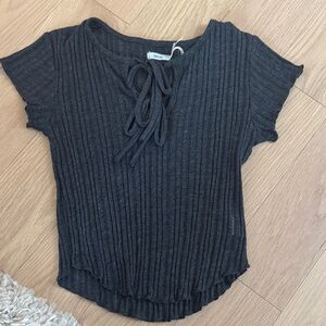 Charcoal Ribbed Tie-Front Top